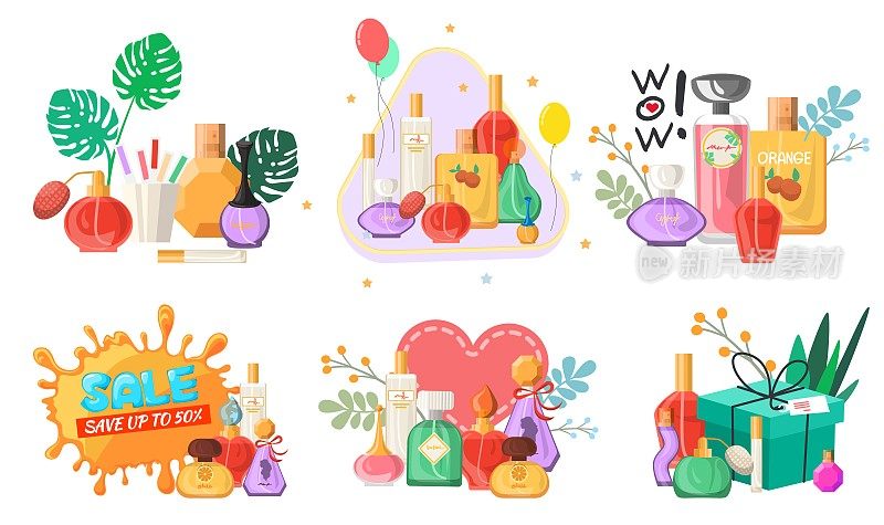 Perfume set, flat vector isolated illustration. Seasonal and holiday sale and discounts promo banners for perfume store.